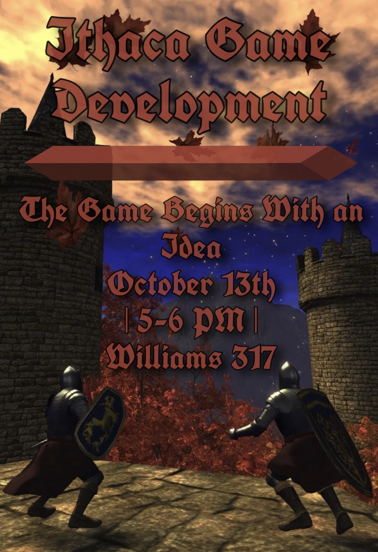 Fall meeting promotional graphic for Ithaca Game Development